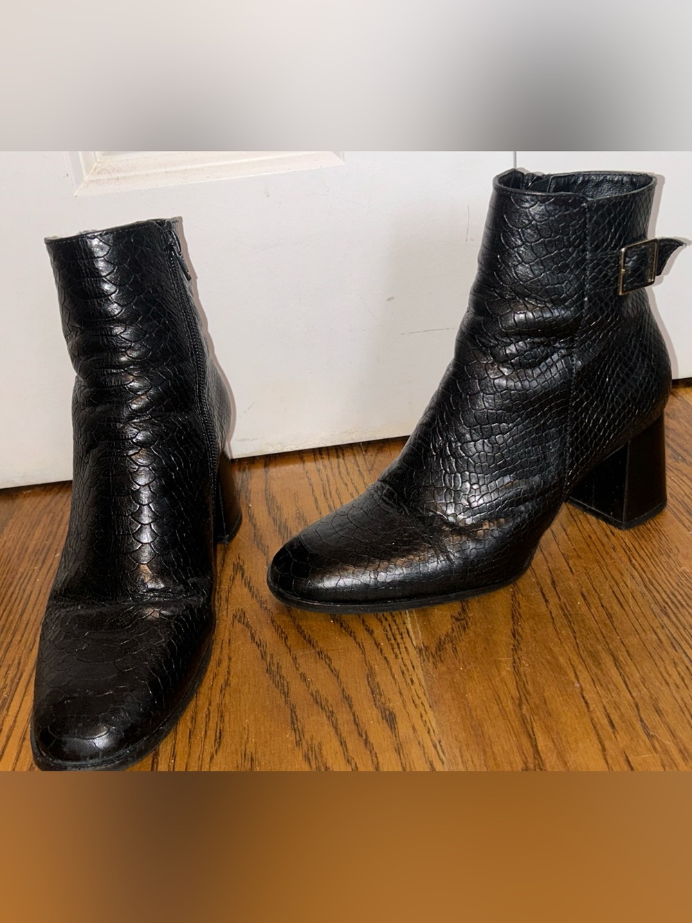 Glam rock black faux snake Camila skin boots gold buckle